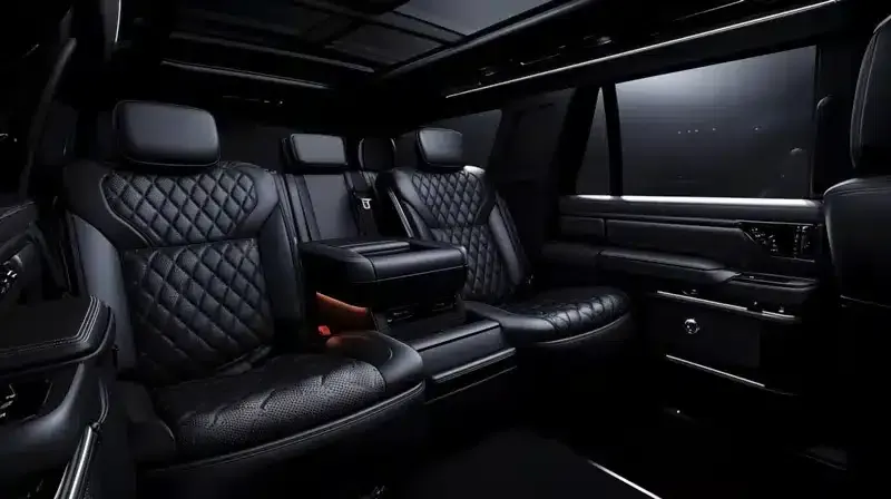 Luxury black leather car interior with quilted captain’s chairs and dark tinted windows