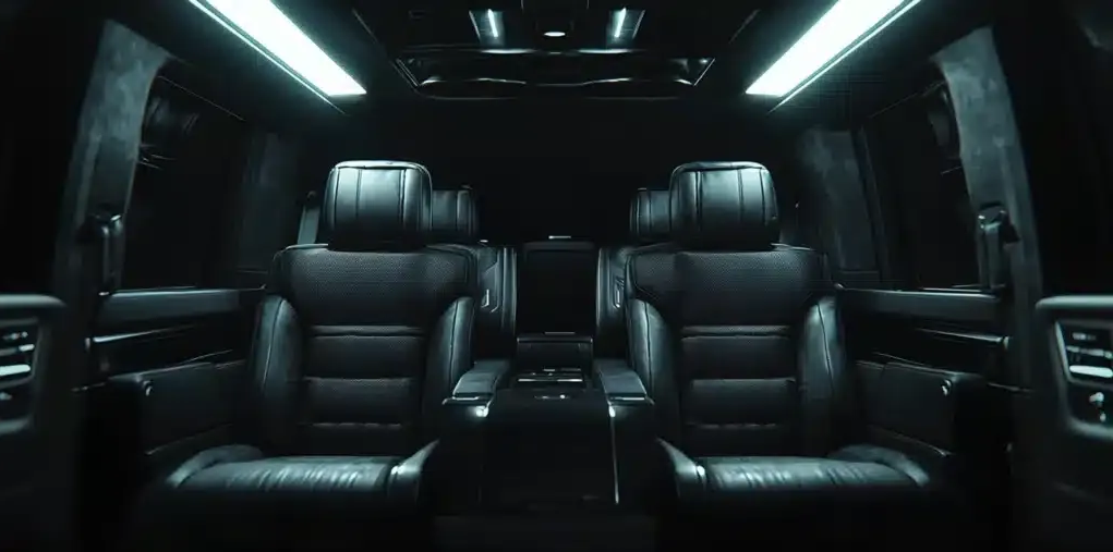 Dark luxury car interior with black leather seats and overhead lighting