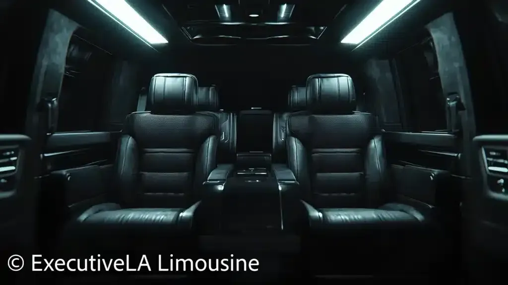 Luxurious black limousine interior with leather seats and blue accent lighting