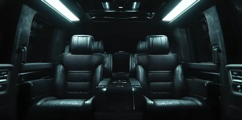 Dark luxury car interior with black leather seats and overhead lighting