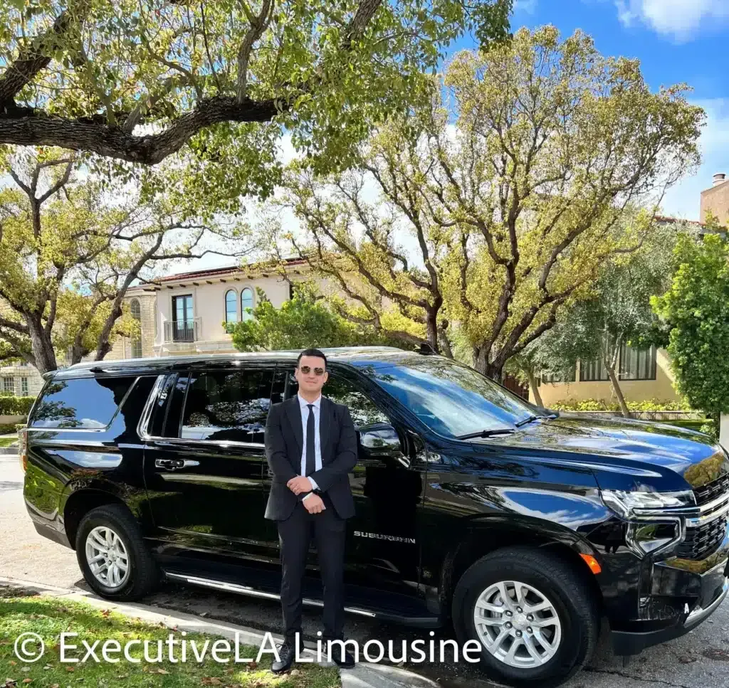 Black SUV with a suited chauffeur standing beside it on a tree-lined street.