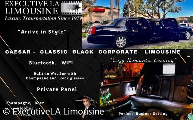 Black luxury limousine parked outdoors with promotional text for executive chauffeur service.