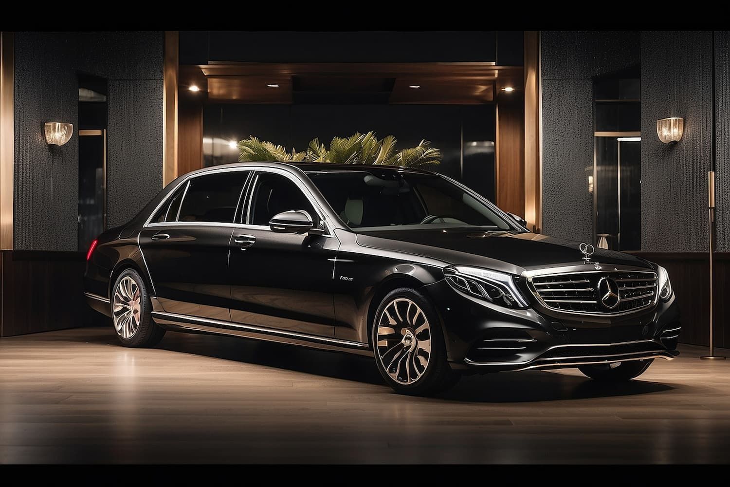 Black luxury sedan parked at a hotel entrance with warm wall lights and a polished floor