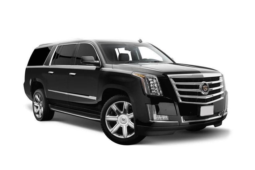 Black Cadillac Escalade SUV on a white background, angled front view