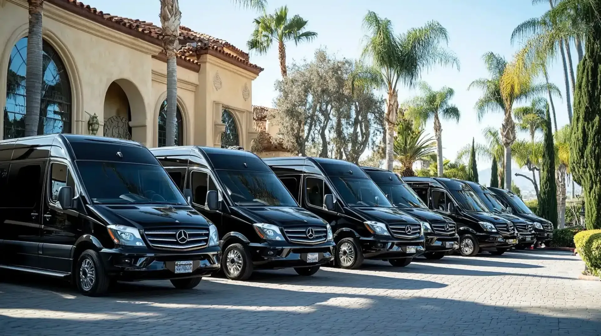Row of black luxury vans parked outside a Mediterranean-style building with palm trees