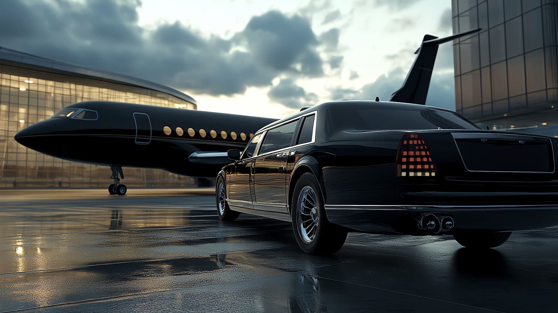 Black luxury car parked on a wet tarmac beside a private jet at dusk