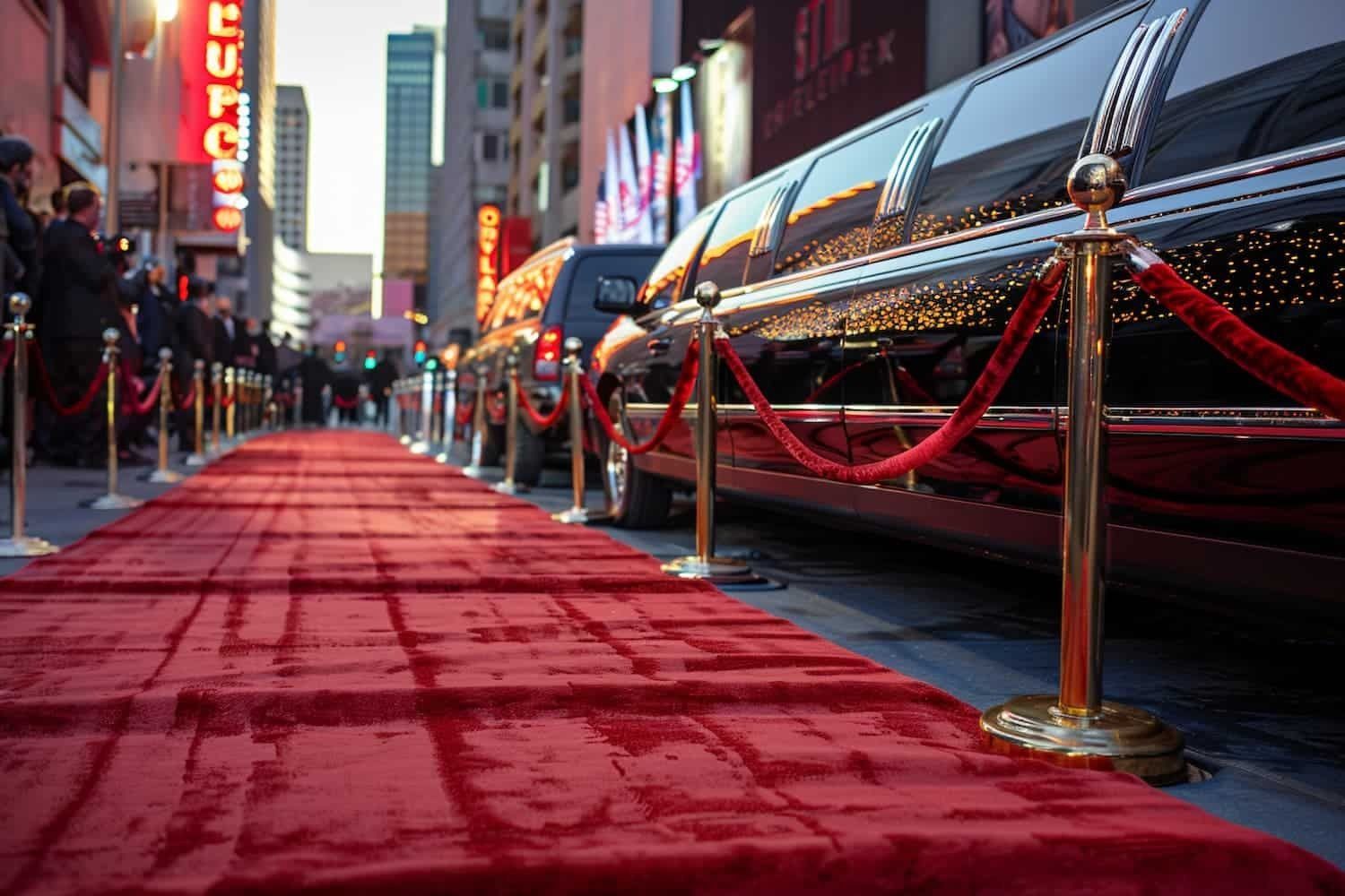 Red carpet outside a theater lined with gold stanchions and a glossy black limousine at dusk.