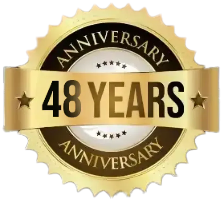 Gold and black 48th anniversary emblem with ribbon and stars