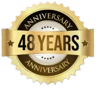 Gold and black 48 years anniversary badge with ribbon and stars