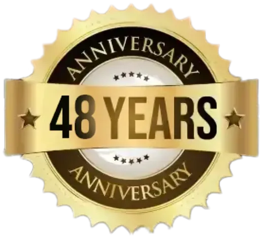 Gold and black 48th anniversary emblem with ribbon and stars