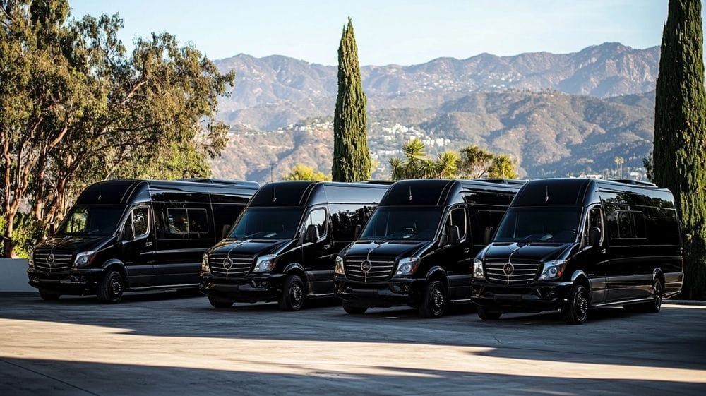 Four black luxury vans parked side by side on a road with mountains in the background.