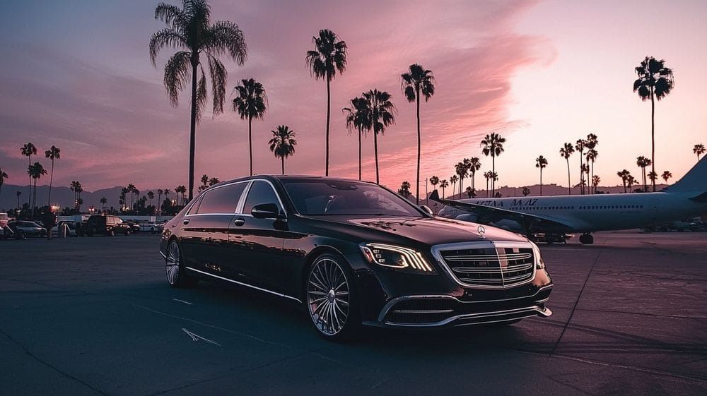 Black luxury sedan parked at dusk on a palm-lined street under a pink sunset sky