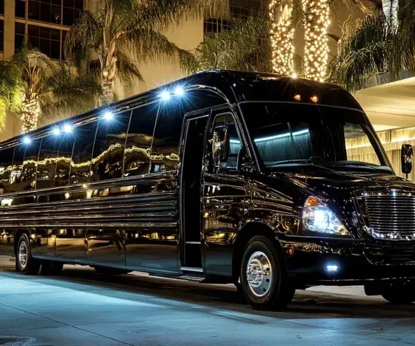 Black luxury shuttle bus parked at night under palm trees with bright lights on the street