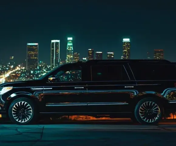 Black luxury SUV parked at night with city skyline lights in the background