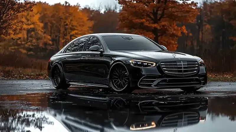 Black luxury sedan parked on wet pavement with autumn trees reflected in the water.