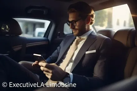 Man in a dark suit using a phone while seated in a luxury car interior with warm sunlight.