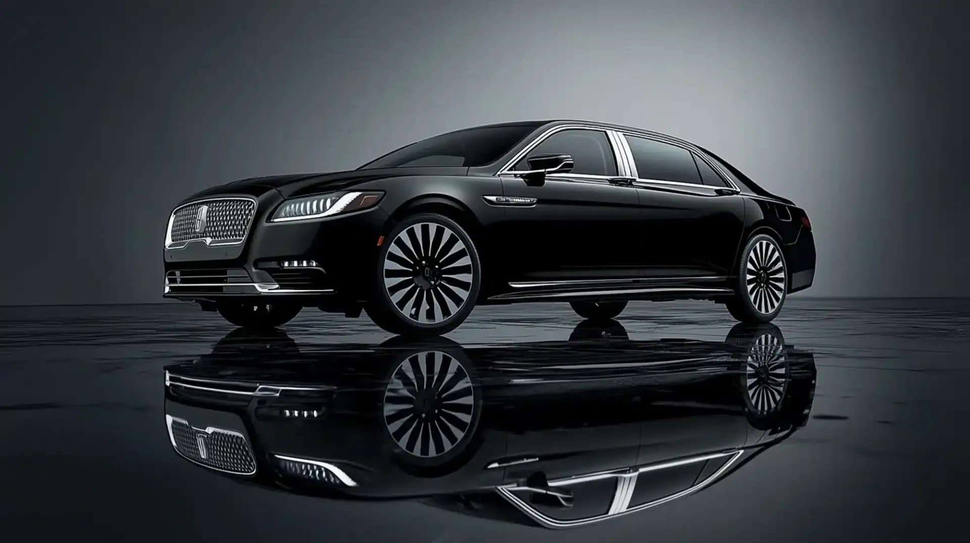 Glossy black luxury sedan on a reflective dark studio floor, side view with mirror reflection