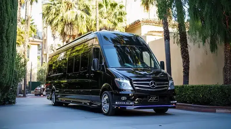 Black Mercedes van parked on a palm-lined driveway beside a building