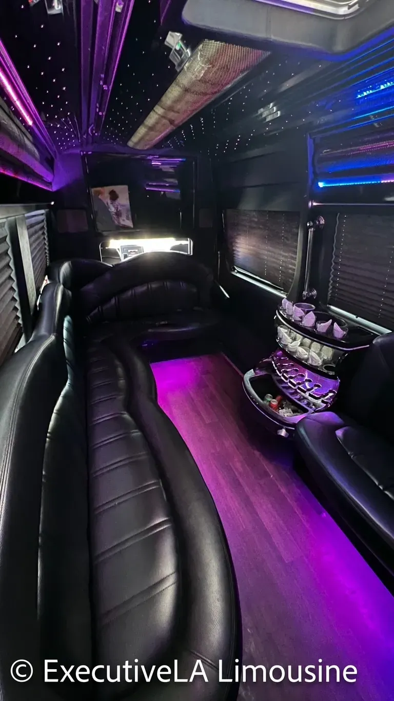 Luxury limousine interior with black leather seats, purple LED lighting, and wood-look floor panels.