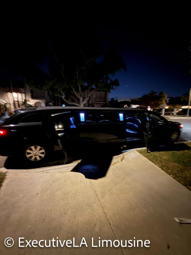 Black limousine with open rear door parked in a driveway at night