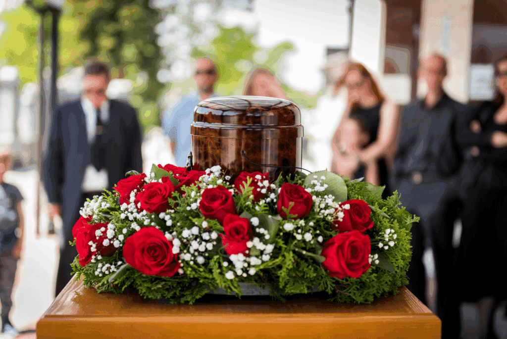 Funeral urn surrounded by red roses on a wooden table, with blurred mourners in the background