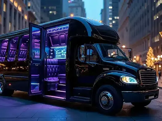 Black luxury shuttle bus with purple-lit interior parked on a city street at dusk