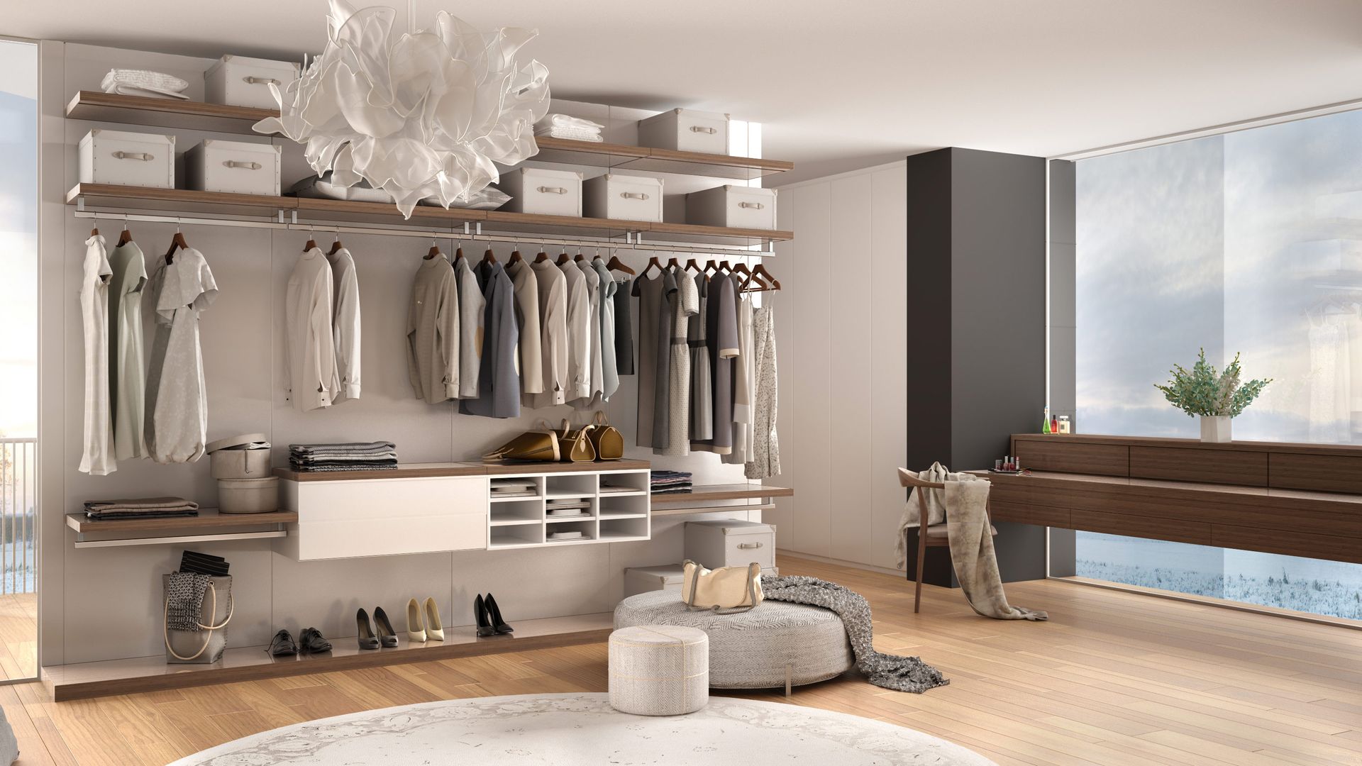 Modern walk-in closet with shelves, hanging clothes, drawers, mirror, and soft neutral decor near a window.