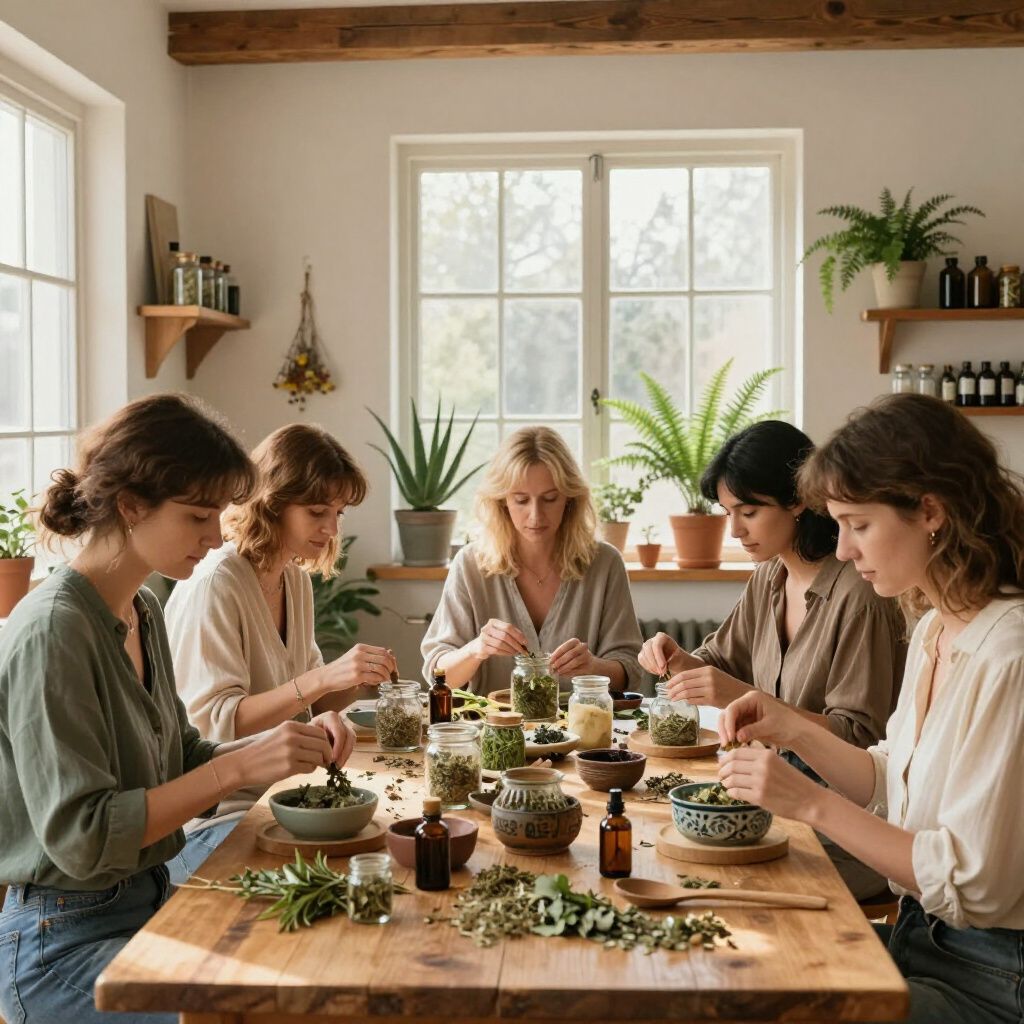 Mensen zaten rond een houten tafel en schikten kruiden en potplanten in een lichte studio.