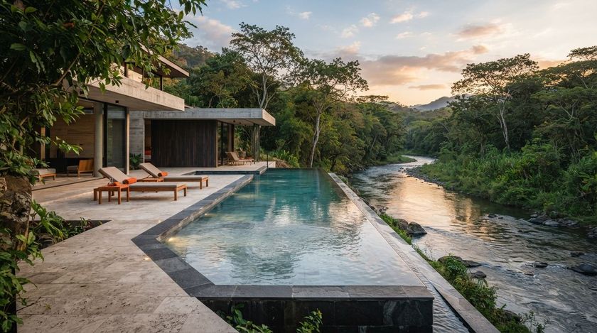 Modern villa pool overlooking a lush river at sunset with lounge chairs and a deck