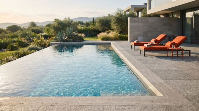 Modern patio with a rectangular pool, orange lounge chairs, and desert landscaping at sunset