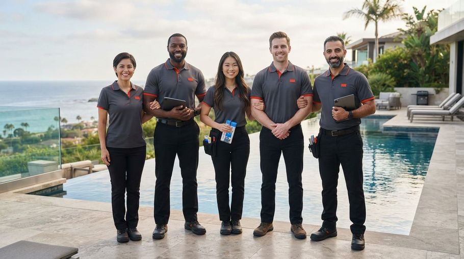 Five people in black shirts standing by a pool with an ocean view at sunset