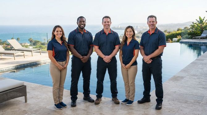 Five people standing by a pool with ocean view, wearing navy shirts and khaki or dark pants.