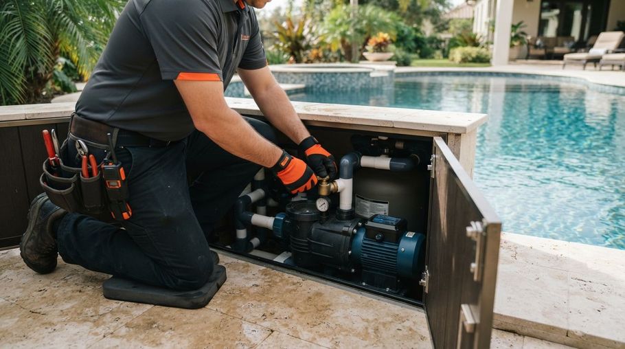 Technician kneels beside an open pool pump compartment, repairing equipment next to a backyard swimming pool.