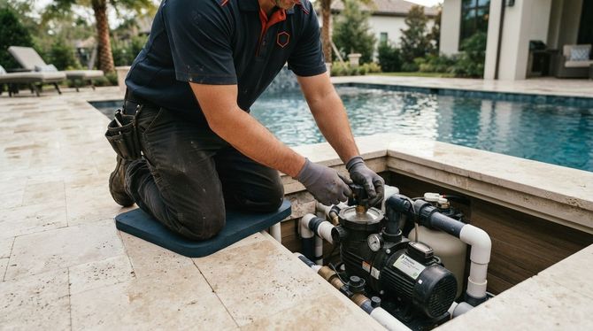 Pool technician kneels beside an open pool pump, adjusting pipes near a turquoise swimming pool.