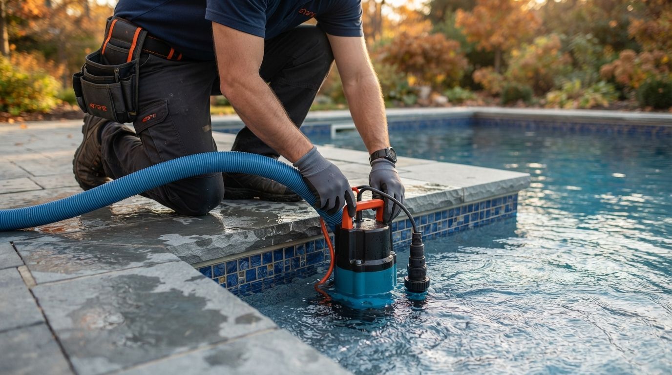 Technician using a pump to drain a swimming pool beside blue pool water and stone decking