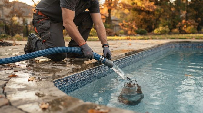 Pool worker vacuuming a backyard pool with a hose by the water’s edge