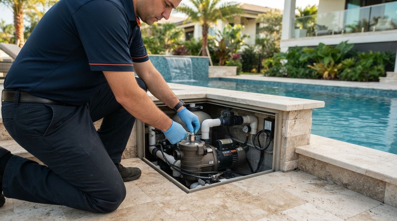 Technician repairing pool pump equipment beside a backyard swimming pool