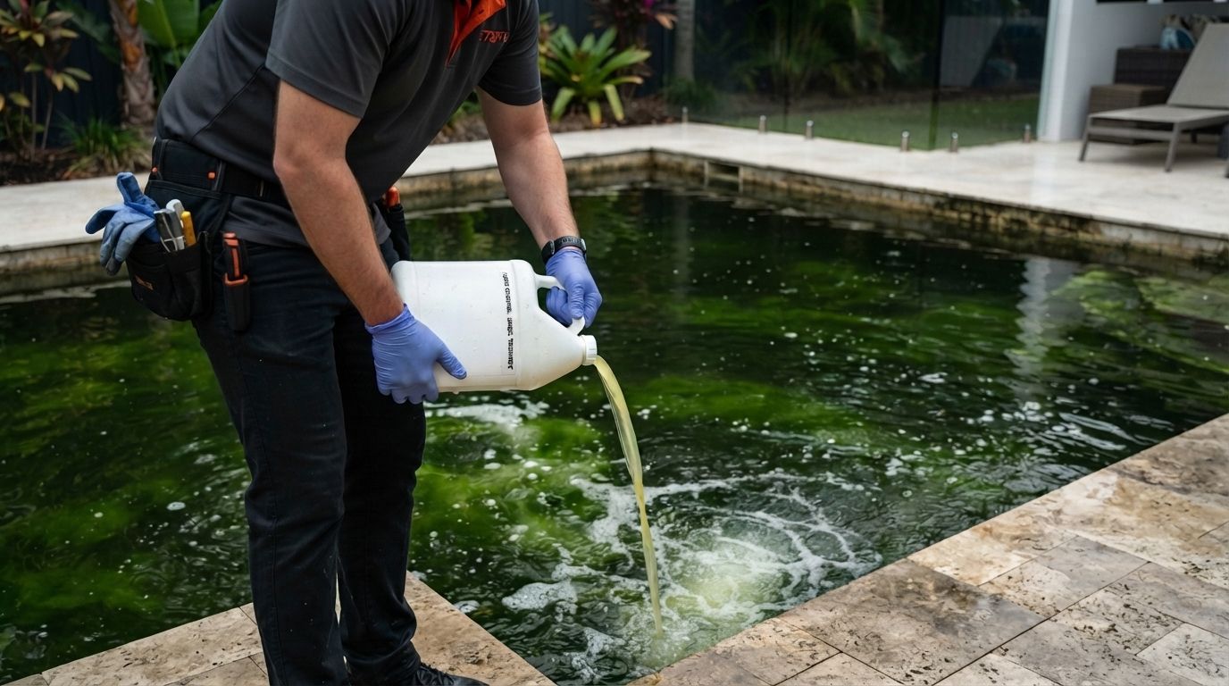 Worker pouring pool cleaner into a green swimming pool next to a stone deck