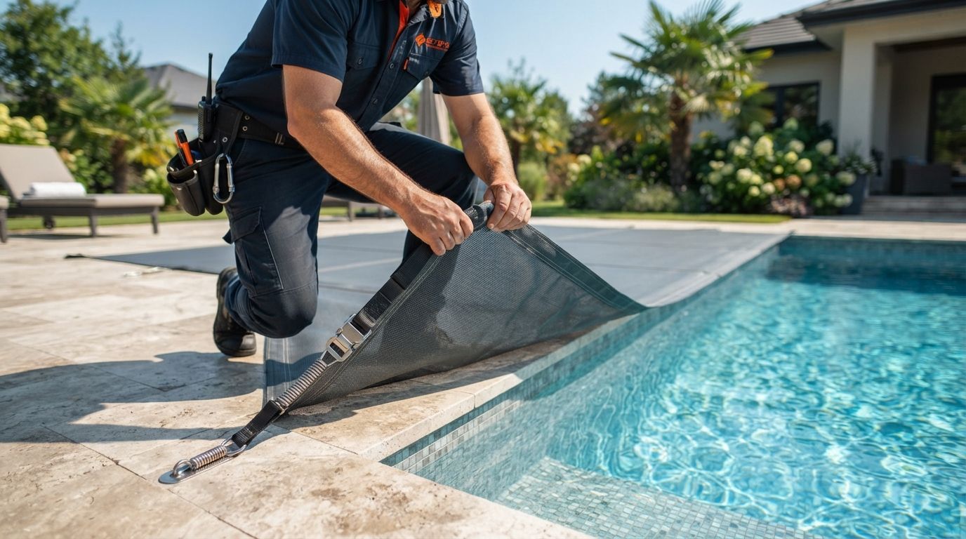 Worker cleaning pool with a skimmer net beside a blue backyard swimming pool