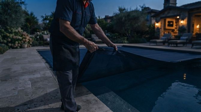 Person standing beside a backyard pool at dusk, holding a pool cover near a lit house.
