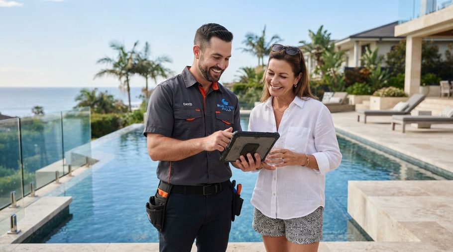 Two people reviewing a tablet beside a pool at a modern resort, with palm trees and ocean view.