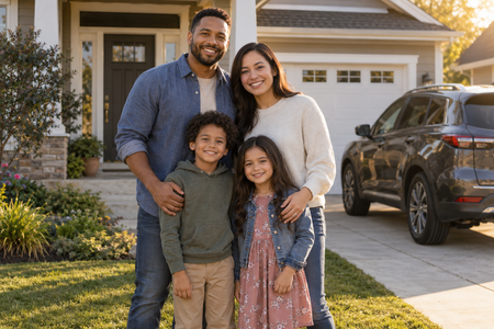 Family of four smiling in front of a suburban house with a black SUV in the driveway.