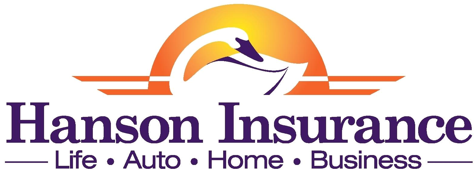 Hanson Insurance logo with orange sun, purple bird, and text “Life • Auto • Home • Business”