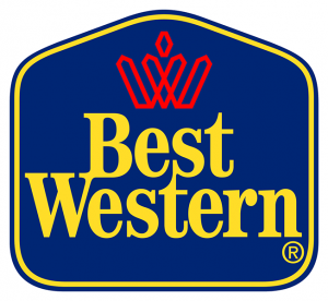 Un logo Best Western bleu et jaune avec une couronne rouge