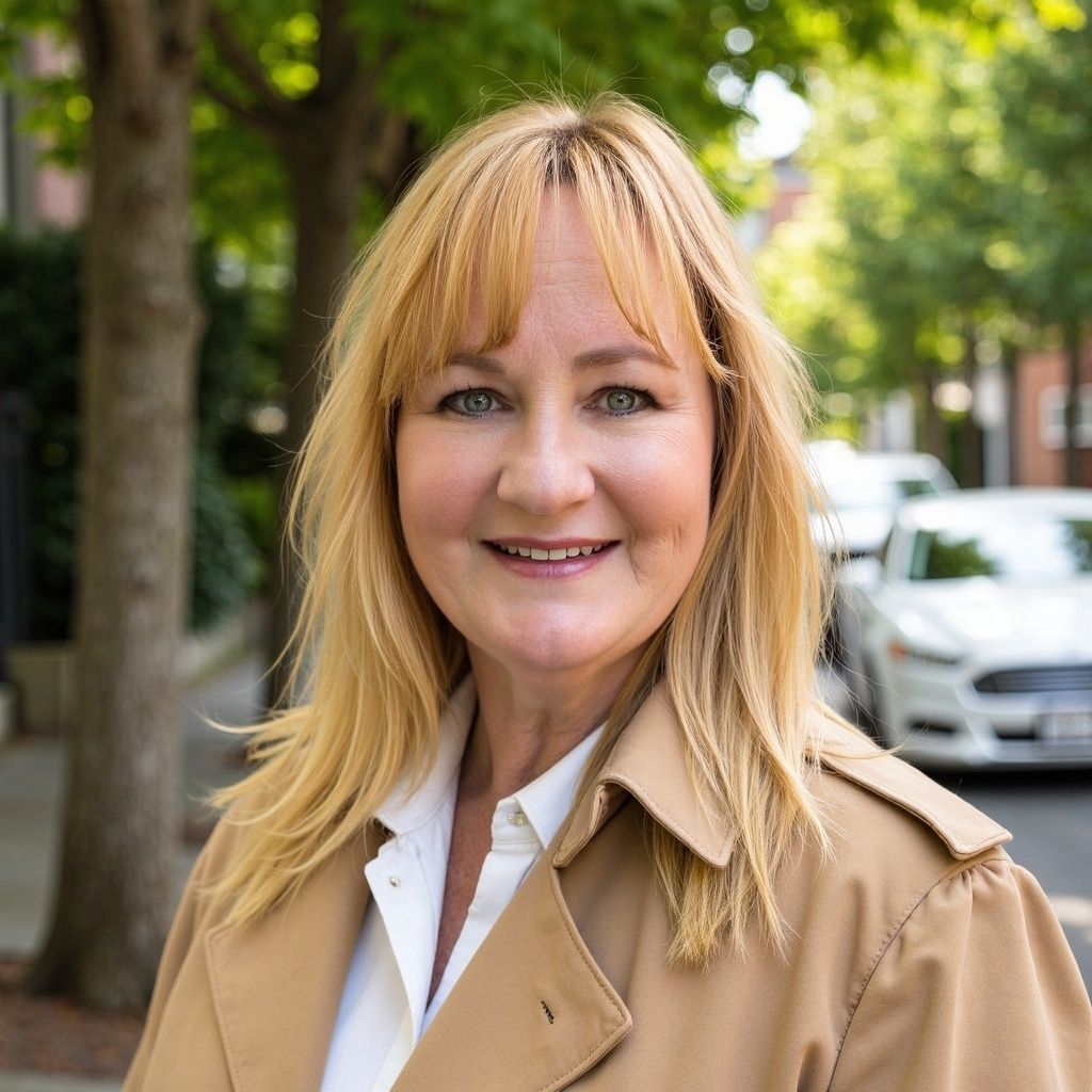 Woman with blonde hair wearing a tan coat smiling outside on a city street.