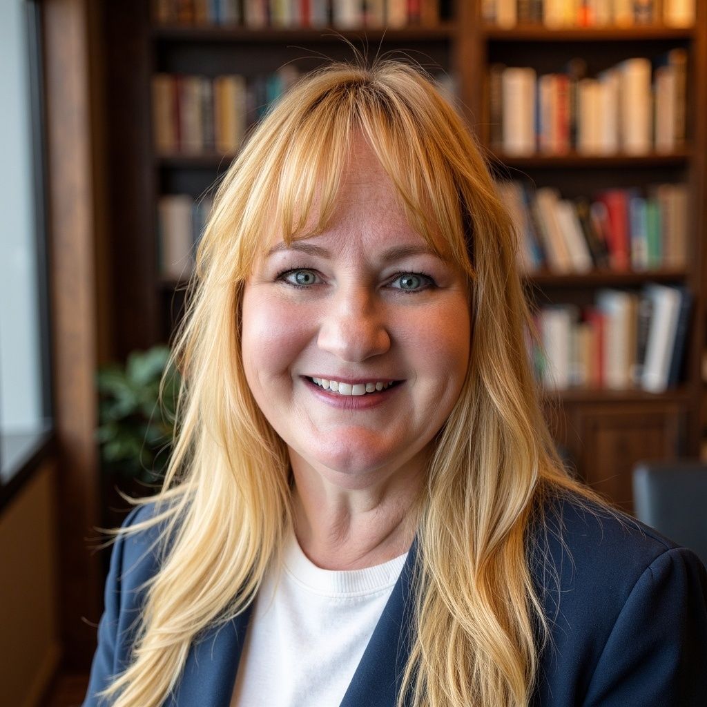 Woman with blonde hair smiling, wearing a navy blazer and white shirt, bookshelves in background.