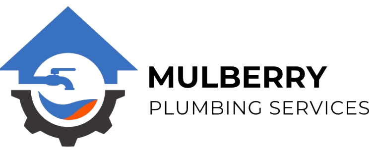Mulberry Plumbing Services logo with blue house and gear icon in black, blue, and orange
