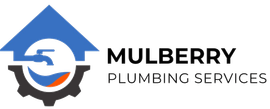 Mulberry Plumbing Services logo with blue house and gear icon in black, blue, and orange