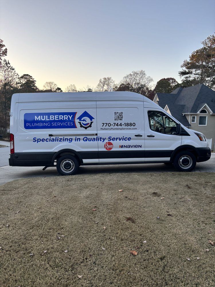 White Mullberry plumbing service van parked on grass in a residential driveway at dusk