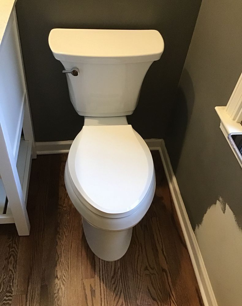 White toilet in a small bathroom with wood floor and dark walls.